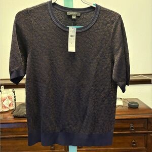 Ann Taylor Navy and Gold Metallic Short Sleeve Leopard Print Top NWT